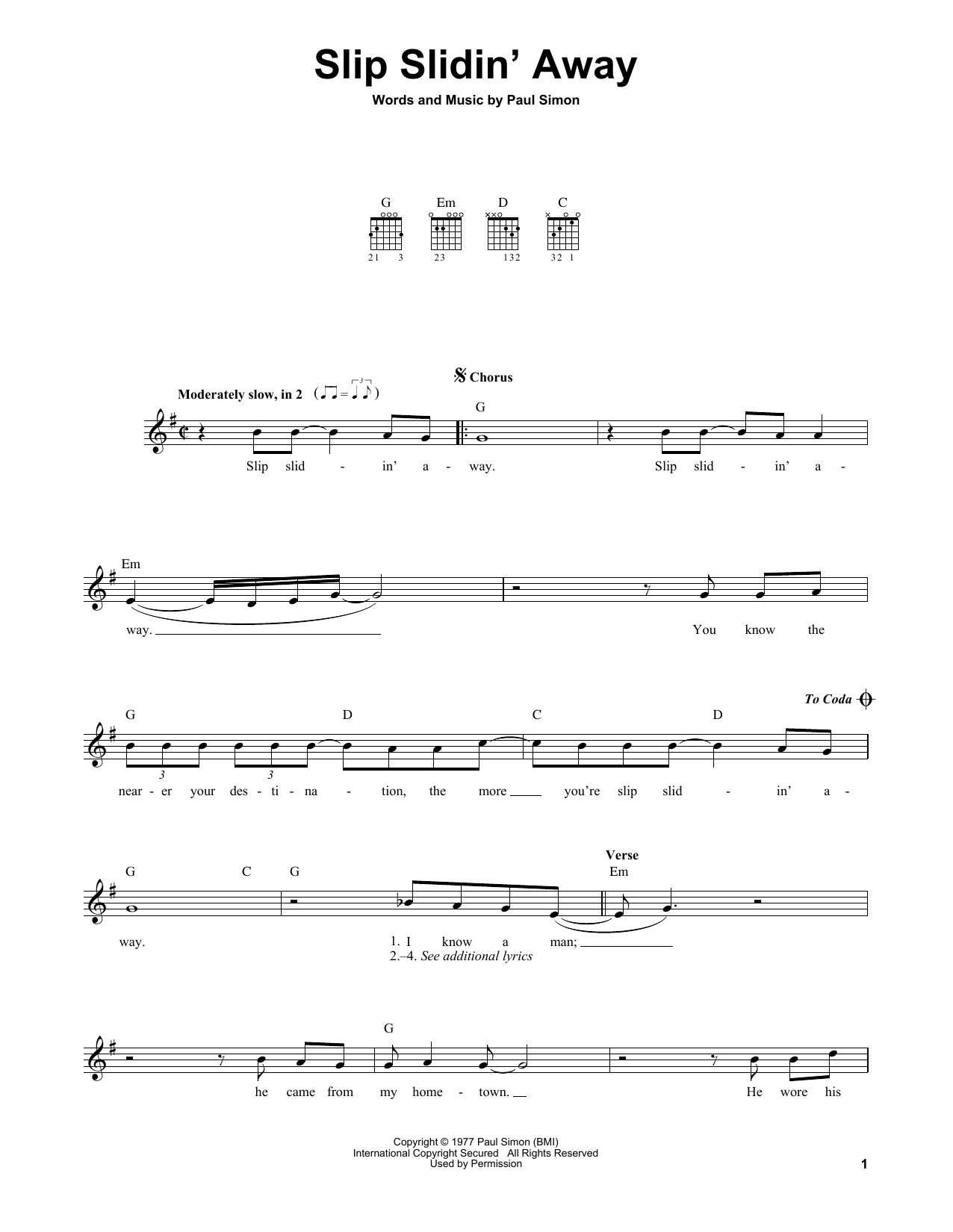 Simon & Garfunkel Slip Slidin' Away sheet music notes and chords. Download Printable PDF.