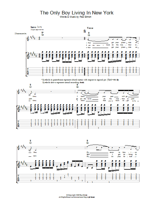 Simon & Garfunkel The Only Living Boy In New York sheet music notes and chords arranged for Guitar Tab