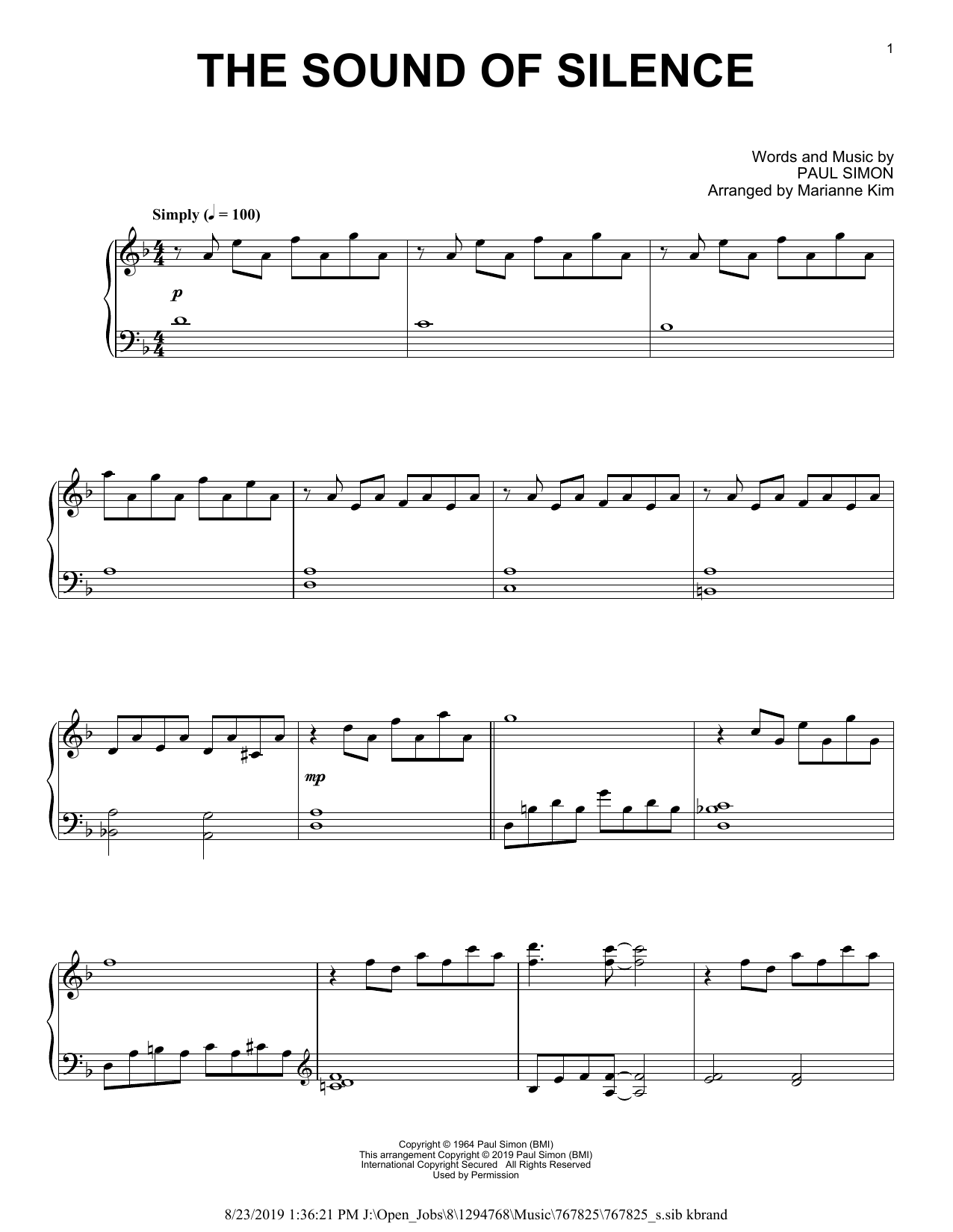 Simon & Garfunkel The Sound Of Silence (arr. Marianne Kim) sheet music notes and chords. Download Printable PDF.