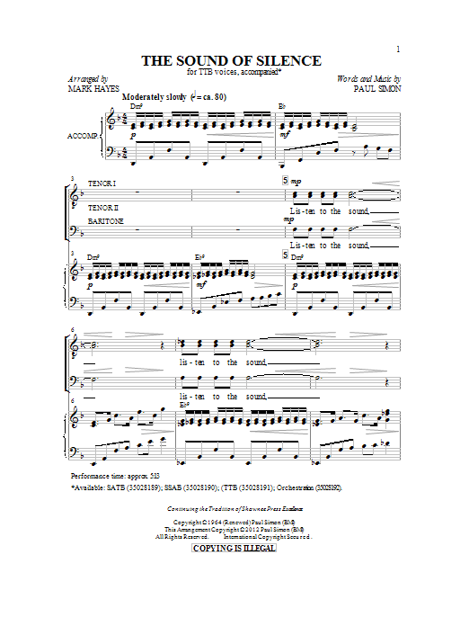 Simon & Garfunkel The Sound Of Silence (arr. Mark Hayes) sheet music notes and chords arranged for TTB Choir