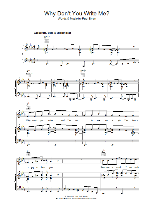 Learn to play Simon & Garfunkel Why Don't You Write Me sheet music for Piano, Vocal & Guitar Chords in minutes. Price: 7.8900$ Simon & Garfunkel Why Don't You Write Me sheet music notes and chords arranged for Piano, Vocal & Guitar Chords