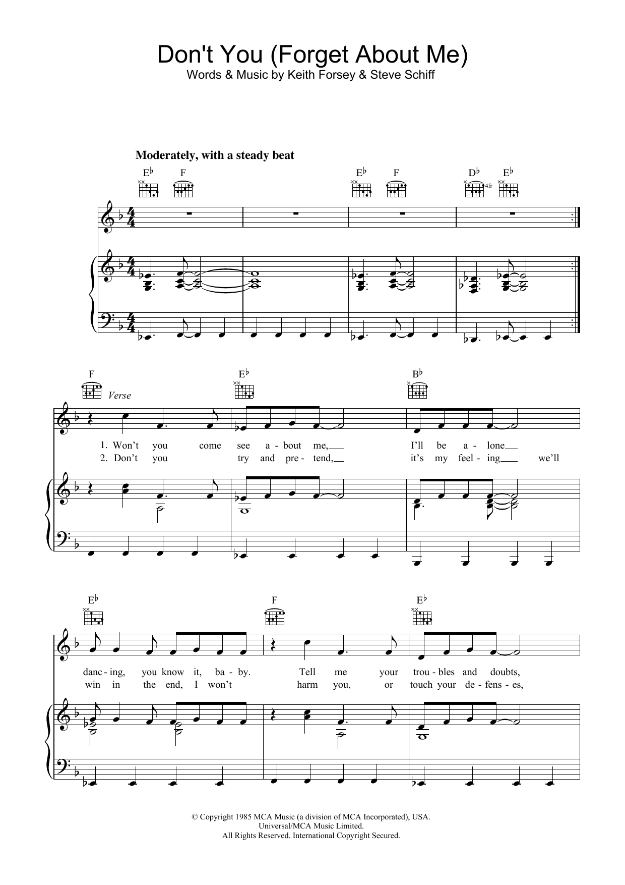 Simple Minds Don't You (Forget About Me) sheet music notes and chords. Download Printable PDF.