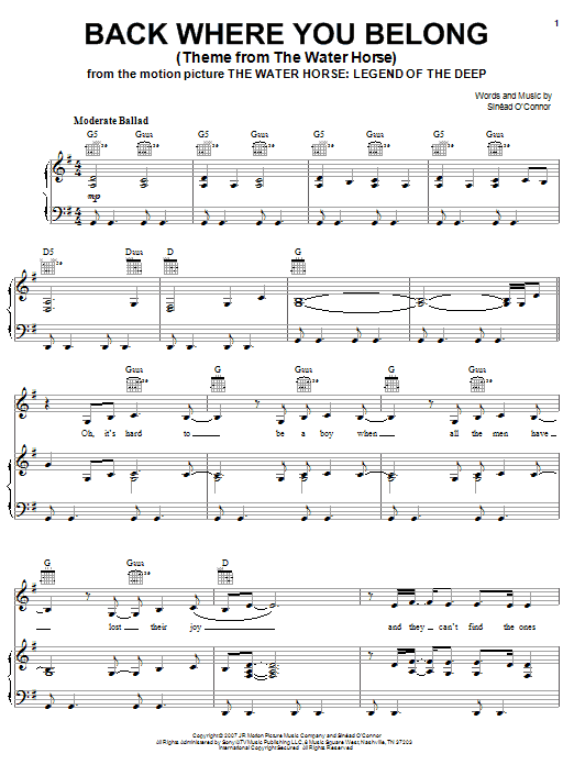 Sinead O'Connor Back Where You Belong (Theme from The Water Horse) sheet music notes and chords arranged for Piano, Vocal & Guitar Chords (Right-Hand Melody)