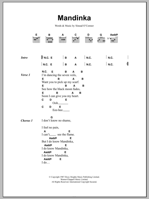 Sinead O'Connor Mandinka sheet music notes and chords arranged for Guitar Chords/Lyrics