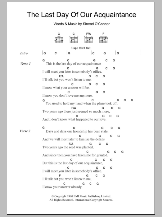 Sinead O'Connor The Last Day Of Our Acquaintance sheet music notes and chords. Download Printable PDF.