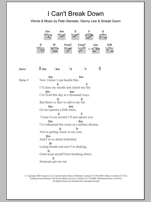 Sinead Quinn I Can't Break Down sheet music notes and chords. Download Printable PDF.