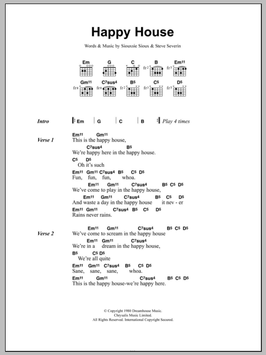 Learn to play Siouxsie & The Banshees Happy House sheet music for Guitar Chords/Lyrics in minutes. Price: 4.4900$ Siouxsie & The Banshees Happy House sheet music notes and chords arranged for Guitar Chords/Lyrics