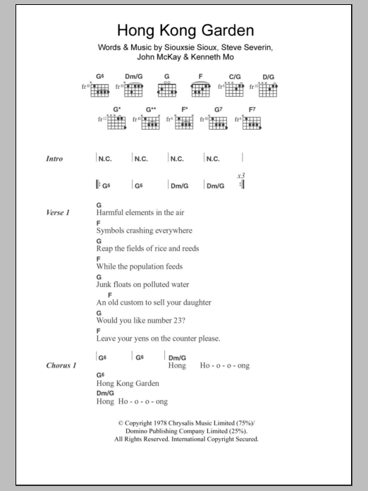 Learn to play Siouxsie & The Banshees Hong Kong Garden sheet music for Guitar Chords/Lyrics in minutes. Price: 4.4900$ Siouxsie & The Banshees Hong Kong Garden sheet music notes and chords arranged for Guitar Chords/Lyrics