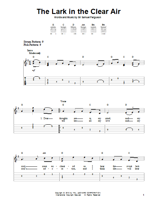 Sir Samuel Ferguson The Lark In The Clear Air sheet music notes and chords. Download Printable PDF.