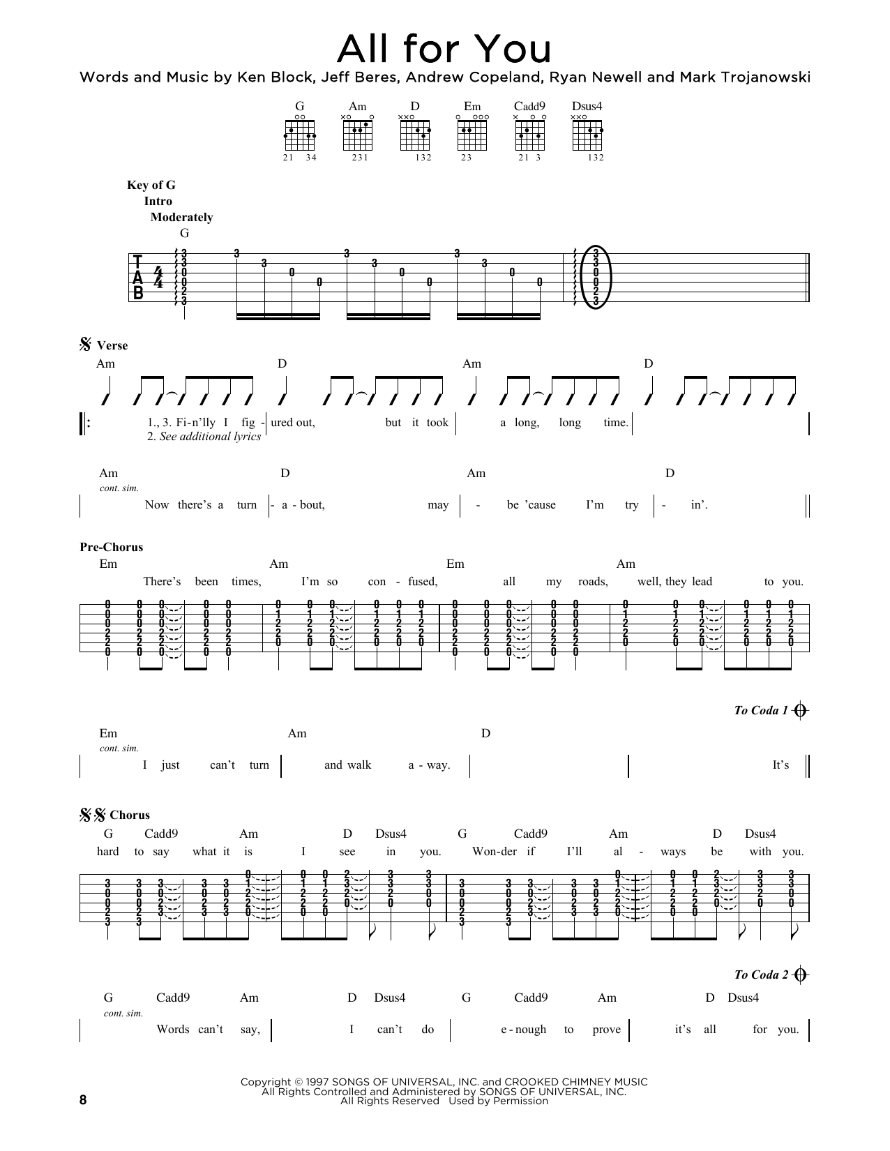 Sister Hazel All For You sheet music notes and chords. Download Printable PDF.