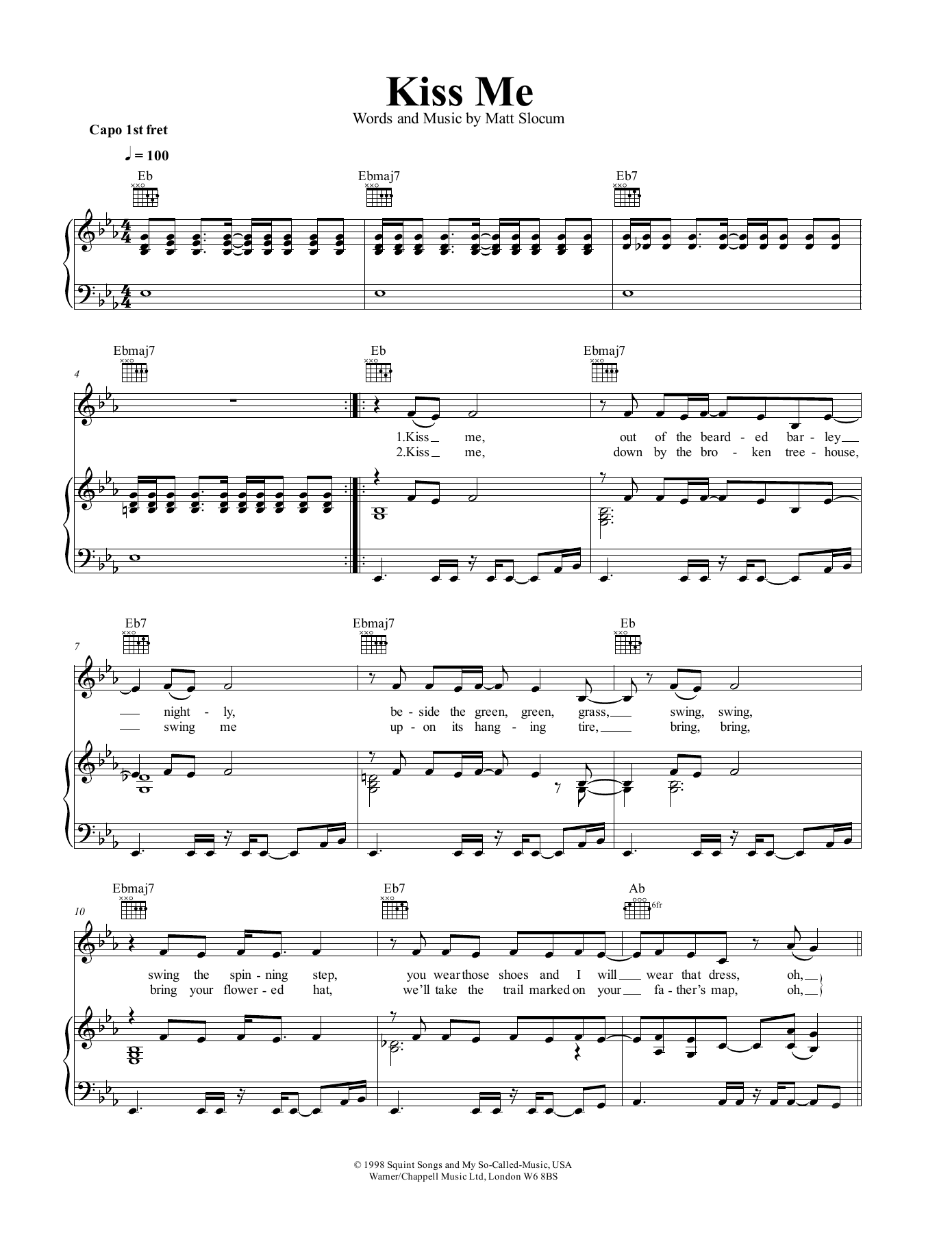 Sixpence None The Richer Kiss Me sheet music notes and chords. Download Printable PDF.