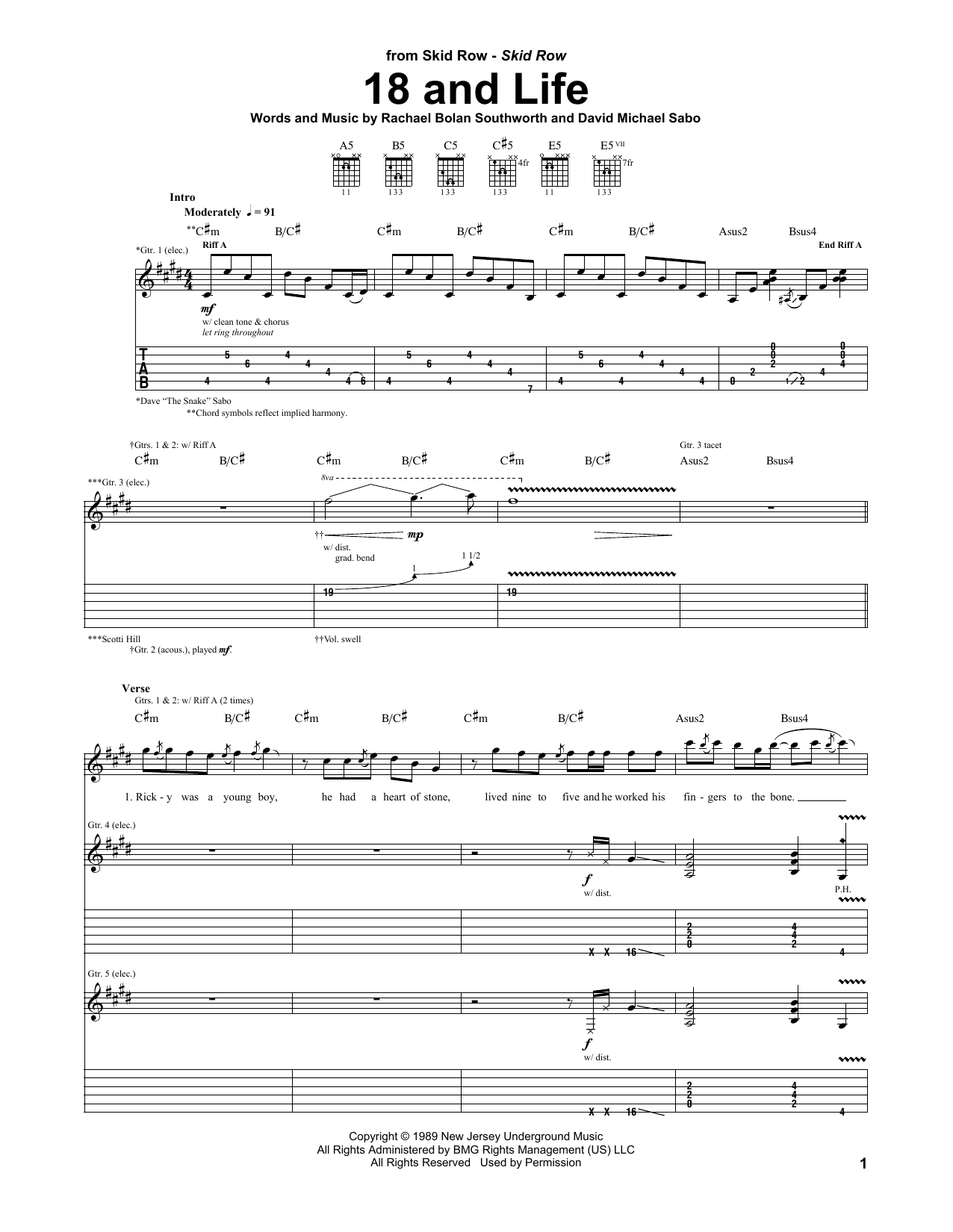 Skid Row 18 And Life sheet music notes and chords. Download Printable PDF.