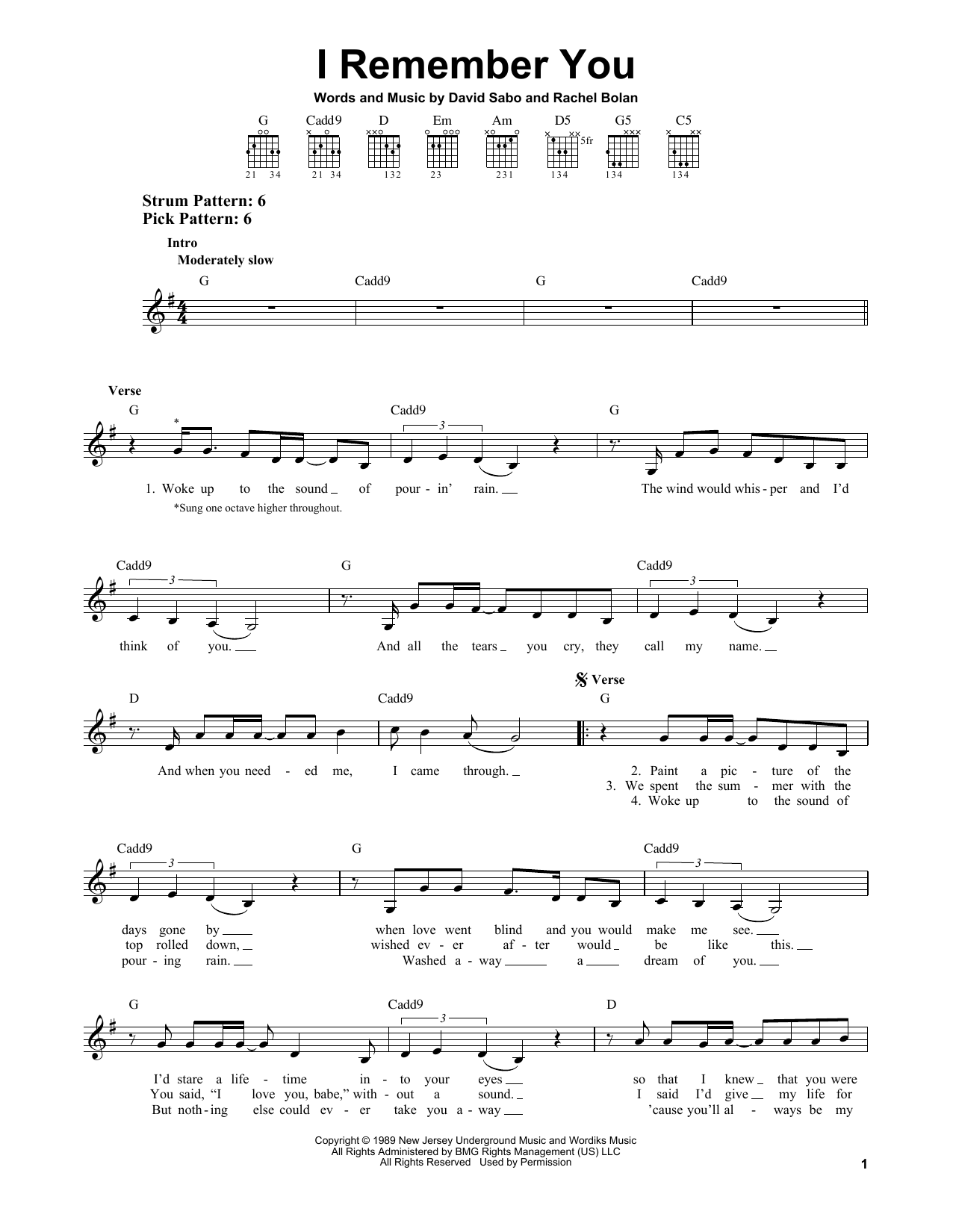 Skid Row I Remember You sheet music notes and chords. Download Printable PDF.