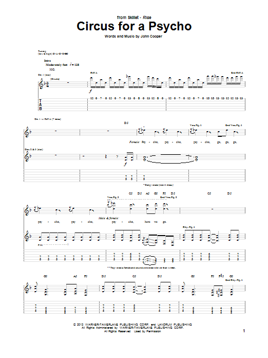 Skillet Circus For A Psycho sheet music notes and chords. Download Printable PDF.