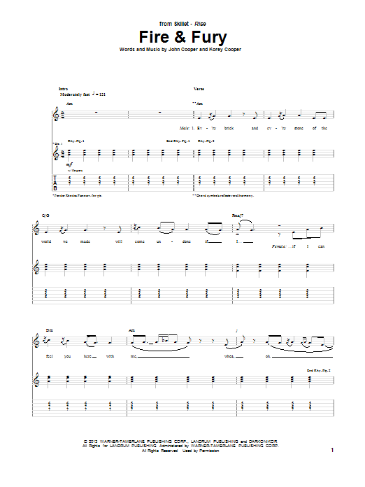 Learn to play Skillet Fire & Fury sheet music for Guitar Tab in minutes. Price: 7.8900$ Skillet Fire & Fury sheet music notes and chords arranged for Guitar Tab
