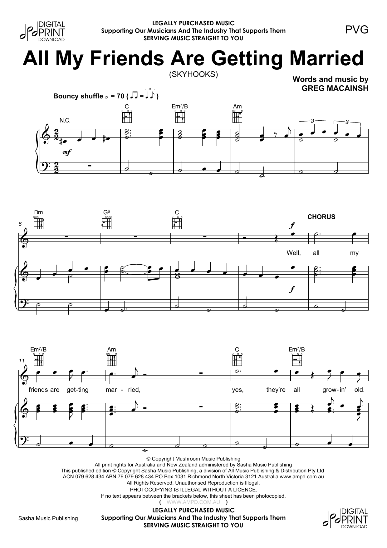 Learn to play Skyhooks All My Friends Are Getting Married sheet music for Piano, Vocal & Guitar Chords (Right-Hand Melody) in minutes. Price: 7.8900$ Skyhooks All My Friends Are Getting Married sheet music notes and chords arranged for Piano, Vocal & Guitar Chords (Right-Hand Melody)