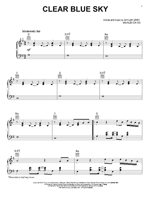 Learn to play Skylar Grey Clear Blue Sky sheet music for Piano, Vocal & Guitar Chords (Right-Hand Melody) in minutes. Price: 7.8900$ Skylar Grey Clear Blue Sky sheet music notes and chords arranged for Piano, Vocal & Guitar Chords (Right-Hand Melody)