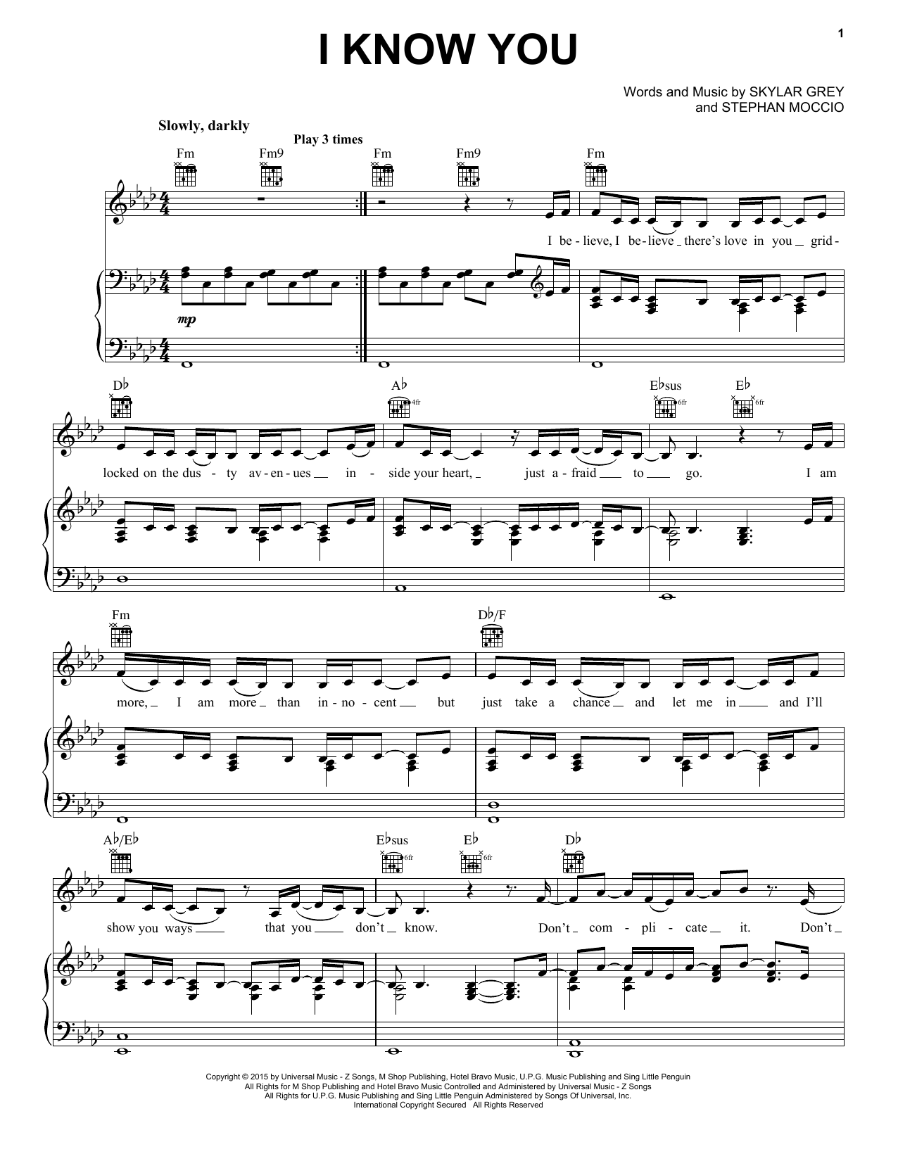 Skylar Grey I Know You sheet music notes and chords arranged for Piano, Vocal & Guitar Chords (Right-Hand Melody)