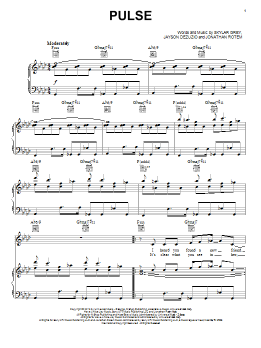 Learn to play Skylar Grey Pulse sheet music for Piano, Vocal & Guitar Chords (Right-Hand Melody) in minutes. Price: 7.8900$ Skylar Grey Pulse sheet music notes and chords arranged for Piano, Vocal & Guitar Chords (Right-Hand Melody)
