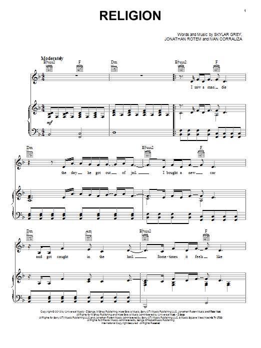 Learn to play Skylar Grey Religion sheet music for Piano, Vocal & Guitar Chords (Right-Hand Melody) in minutes. Price: 7.8900$ Skylar Grey Religion sheet music notes and chords arranged for Piano, Vocal & Guitar Chords (Right-Hand Melody)