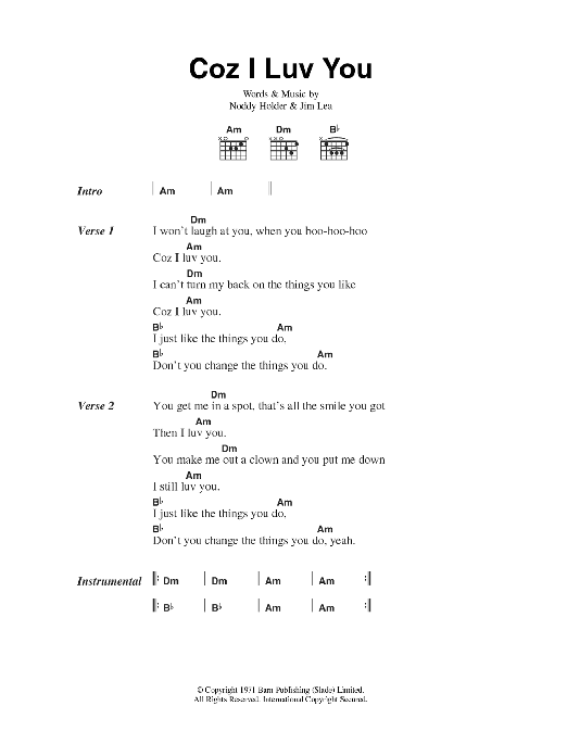 Slade Coz I Luv You sheet music notes and chords. Download Printable PDF.