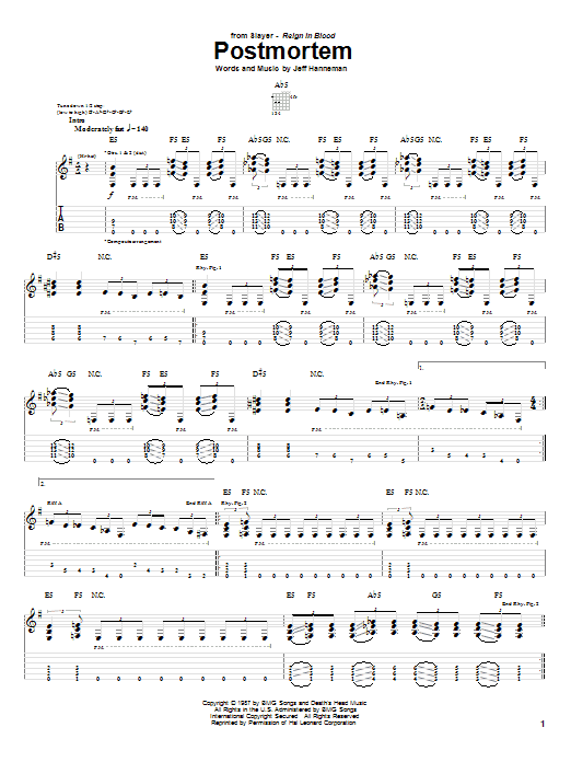 Slayer Postmortem sheet music notes and chords. Download Printable PDF.