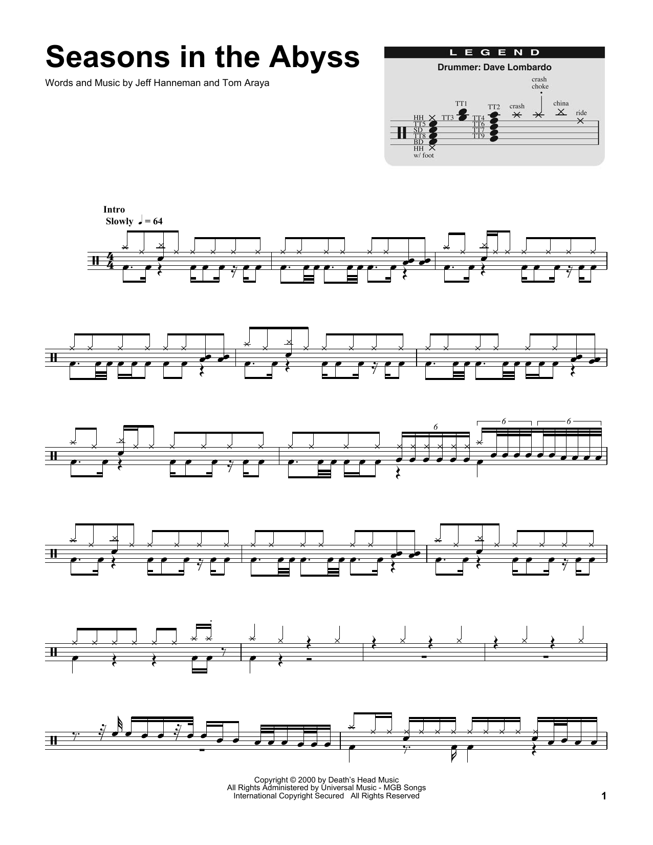 Slayer Seasons In The Abyss sheet music notes and chords. Download Printable PDF.