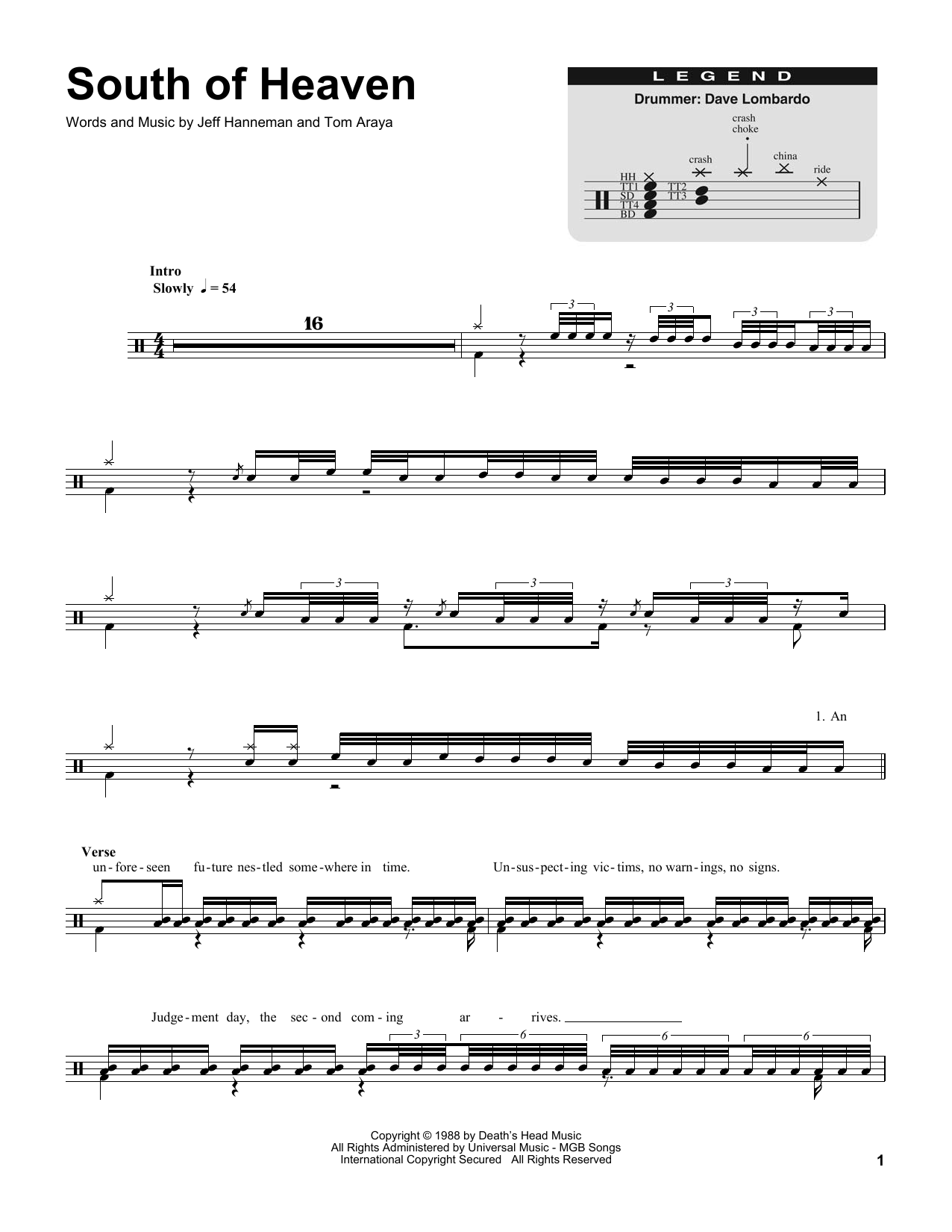 Slayer South Of Heaven sheet music notes and chords. Download Printable PDF.