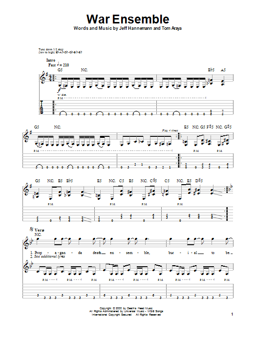 Slayer War Ensemble sheet music notes and chords arranged for Guitar Tab (Single Guitar)