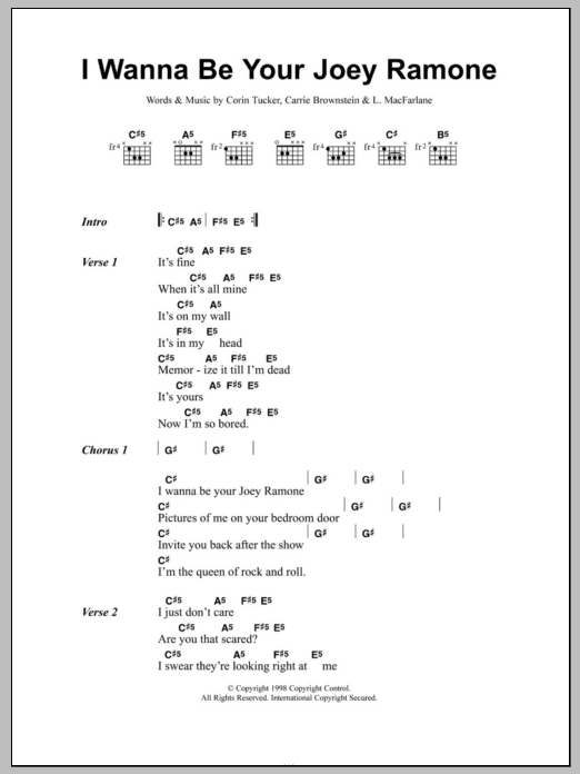 Sleater-Kinney I Wanna Be Your Joey Ramone sheet music notes and chords. Download Printable PDF.