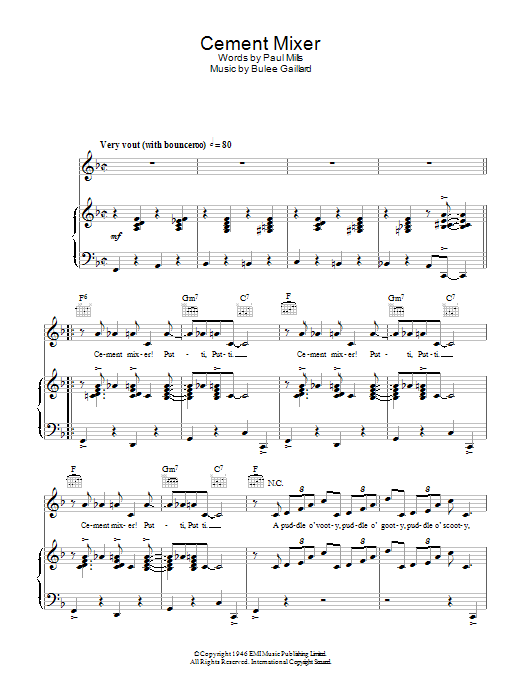 Learn to play Slim Gaillard Cement Mixer sheet music for Piano, Vocal & Guitar Chords in minutes. Price: 7.8900$ Slim Gaillard Cement Mixer sheet music notes and chords arranged for Piano, Vocal & Guitar Chords