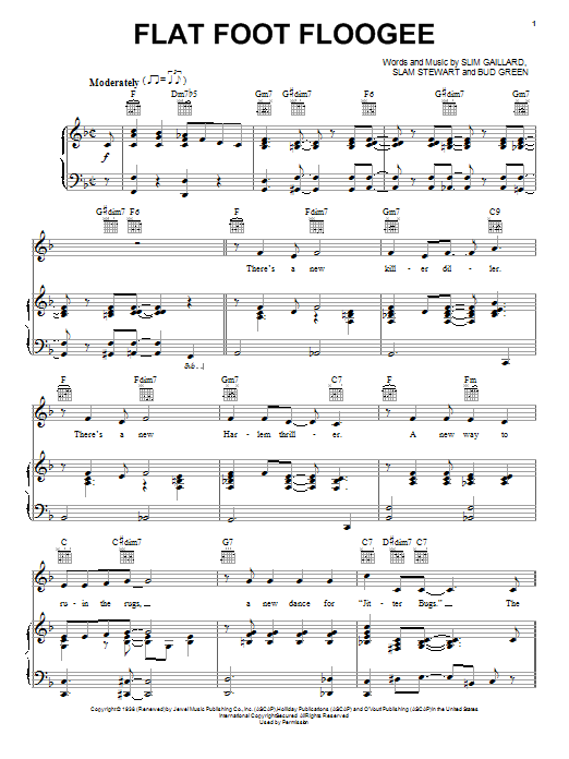 Learn to play Slim Gaillard Flat Foot Floogie sheet music for Piano, Vocal & Guitar Chords (Right-Hand Melody) in minutes. Price: 7.8900$ Slim Gaillard Flat Foot Floogie sheet music notes and chords arranged for Piano, Vocal & Guitar Chords (Right-Hand Melody)