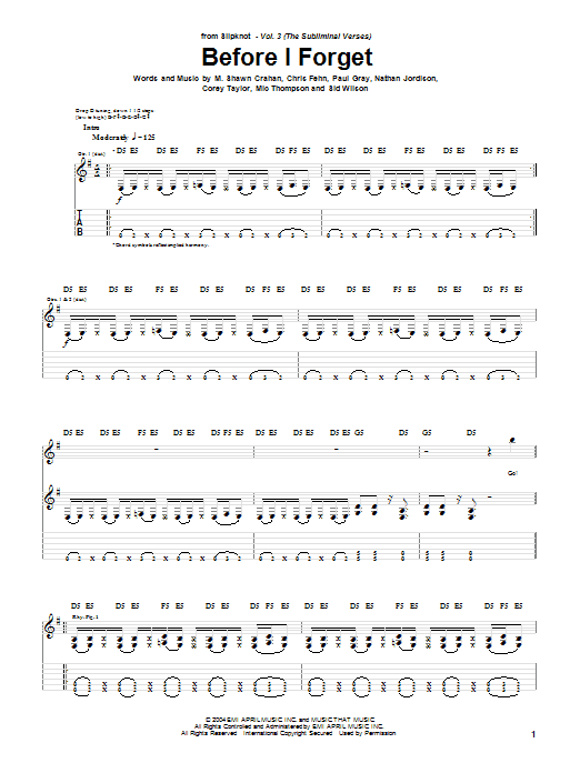 Slipknot Before I Forget sheet music notes and chords. Download Printable PDF.