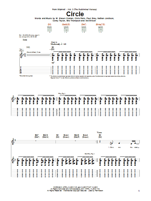 Learn to play Slipknot Circle sheet music for Guitar Tab in minutes. Price: 7.8900$ Slipknot Circle sheet music notes and chords arranged for Guitar Tab