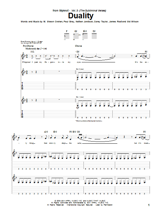 Slipknot Duality sheet music notes and chords. Download Printable PDF.