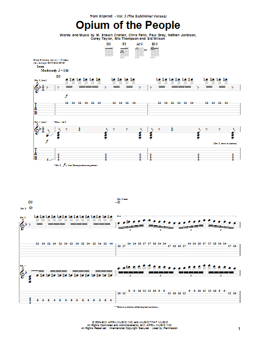 Learn to play Slipknot Opium Of The People sheet music for Guitar Tab in minutes. Price: 7.8900$ Slipknot Opium Of The People sheet music notes and chords arranged for Guitar Tab