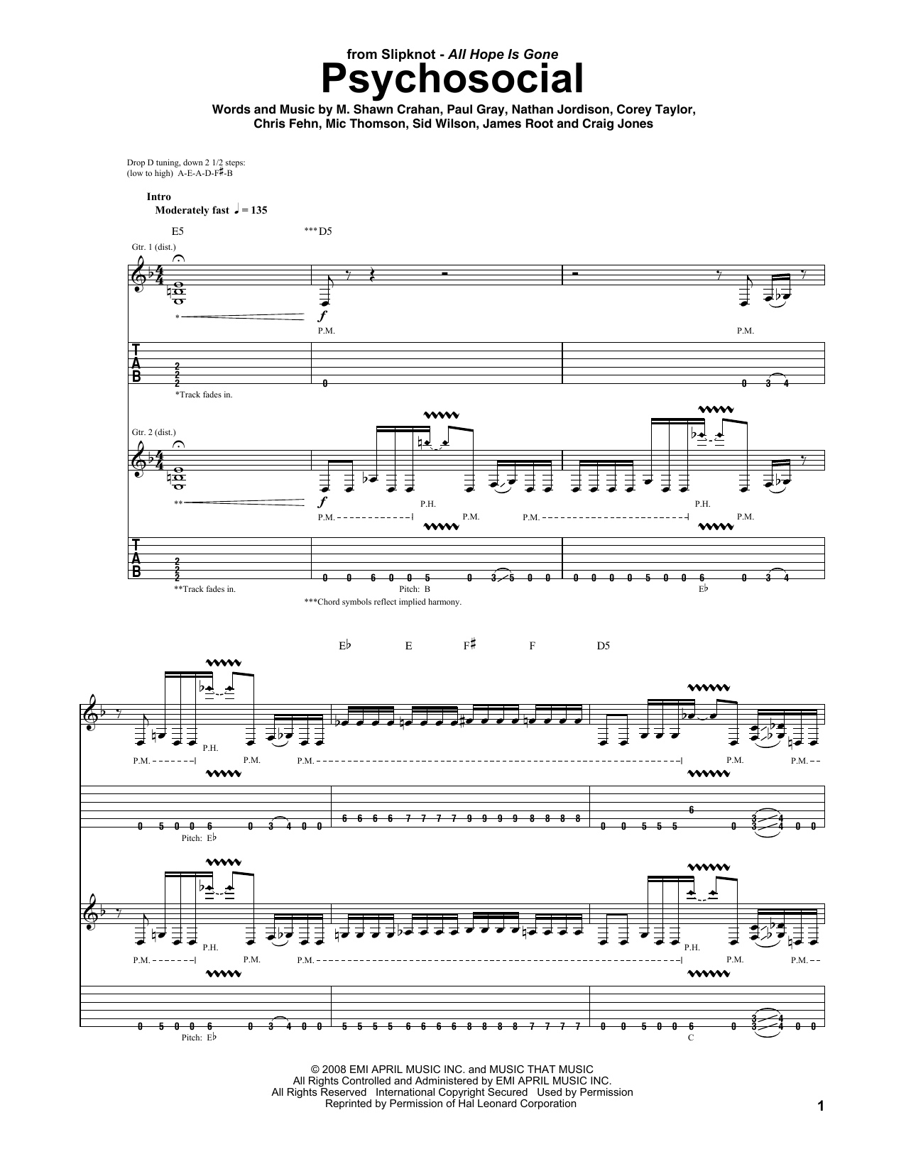 Slipknot Psychosocial sheet music notes and chords. Download Printable PDF.