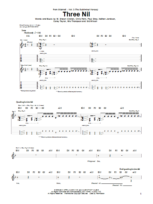 Learn to play Slipknot Three Nil sheet music for Guitar Tab in minutes. Price: 7.8900$ Slipknot Three Nil sheet music notes and chords arranged for Guitar Tab
