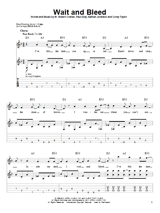 Slipknot Wait And Bleed sheet music notes and chords. Download Printable PDF.