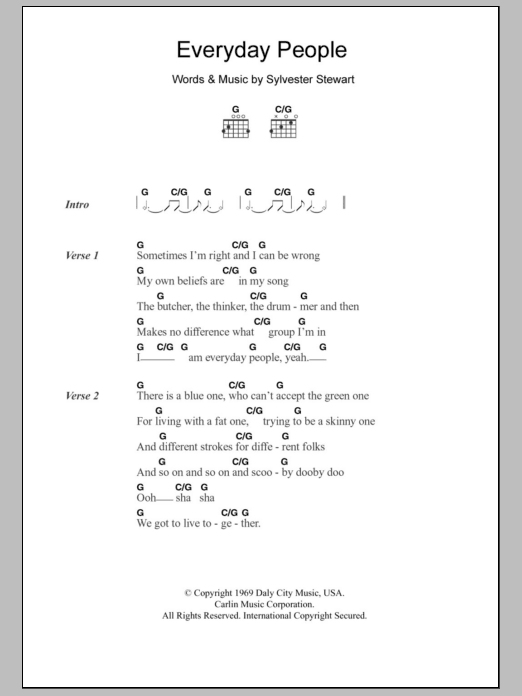 Sly & The Family Stone Everyday People sheet music notes and chords. Download Printable PDF.