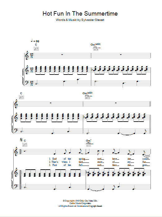 Sly & The Family Stone Hot Fun In The Summertime sheet music notes and chords arranged for Piano, Vocal & Guitar Chords