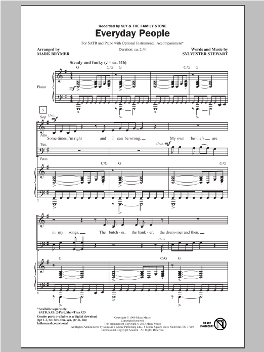 Mark Brymer Everyday People sheet music notes and chords arranged for SATB Choir