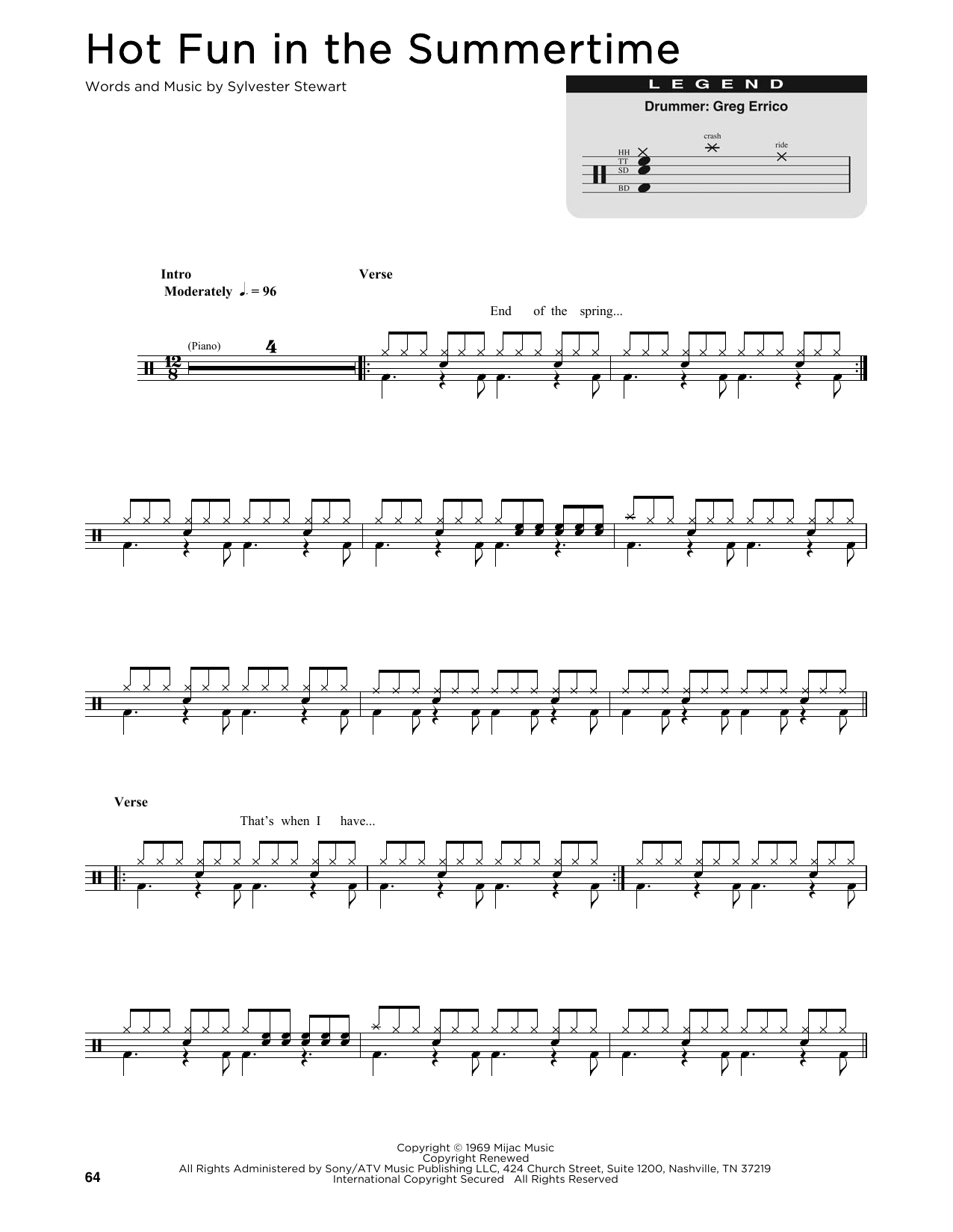 Sly & The Family Stone Hot Fun In The Summertime sheet music notes and chords. Download Printable PDF.