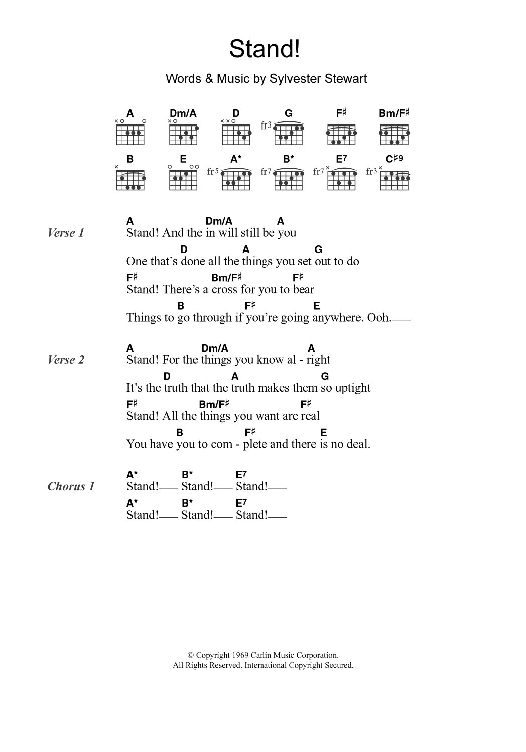 Sly & The Family Stone Stand! sheet music notes and chords. Download Printable PDF.