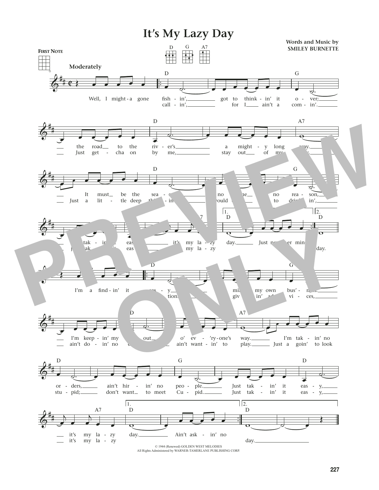 Smiley Burnette It's My Lazy Day (from The Daily Ukulele) (arr. Jim Beloff) sheet music notes and chords. Download Printable PDF.