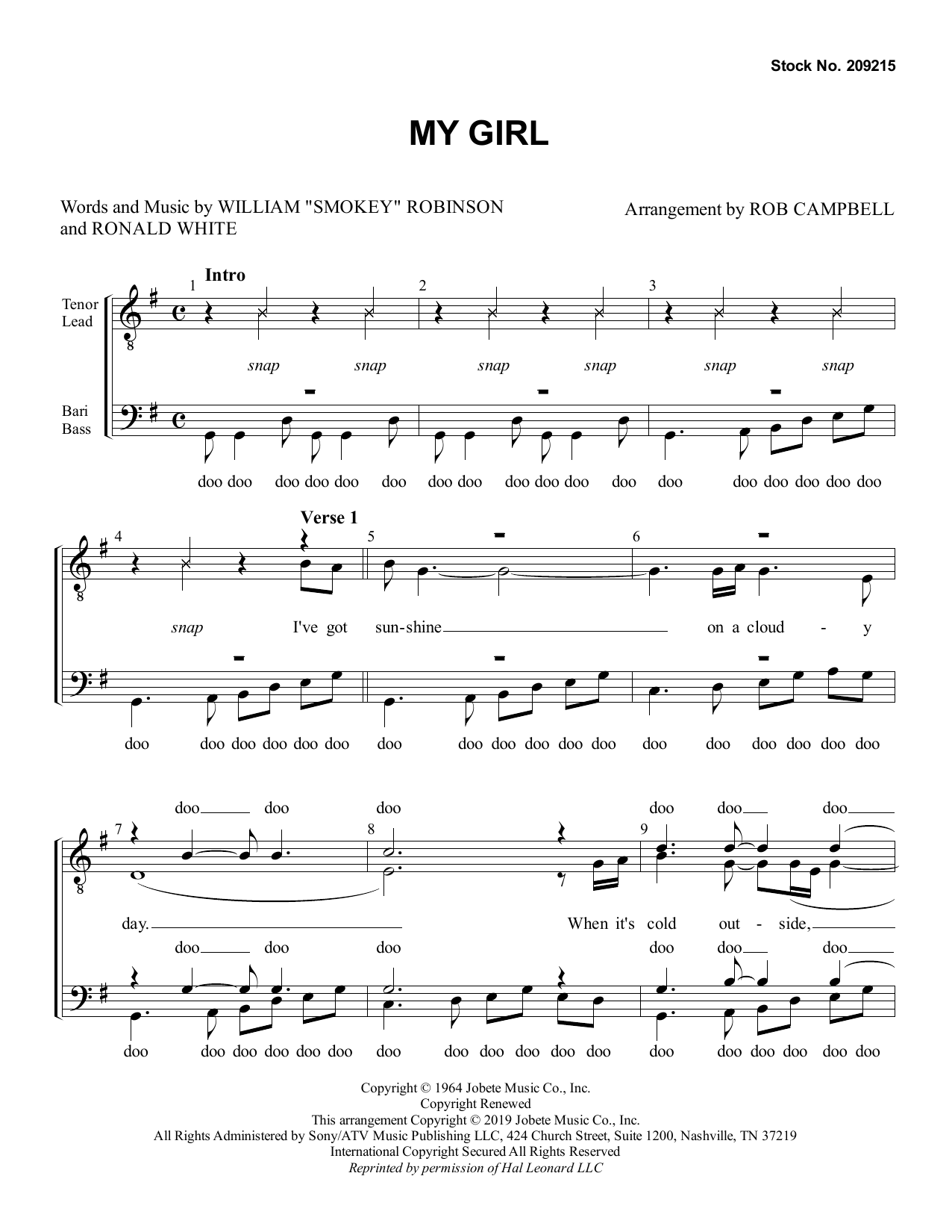 Smokey Robinson My Girl (arr. Rob Campbell) sheet music notes and chords. Download Printable PDF.