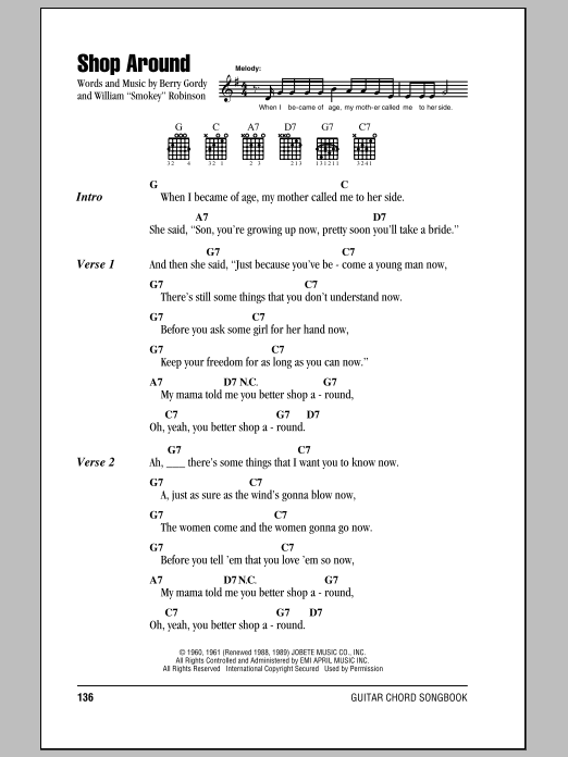 Smokey Robinson & The Miracles Shop Around sheet music notes and chords. Download Printable PDF.