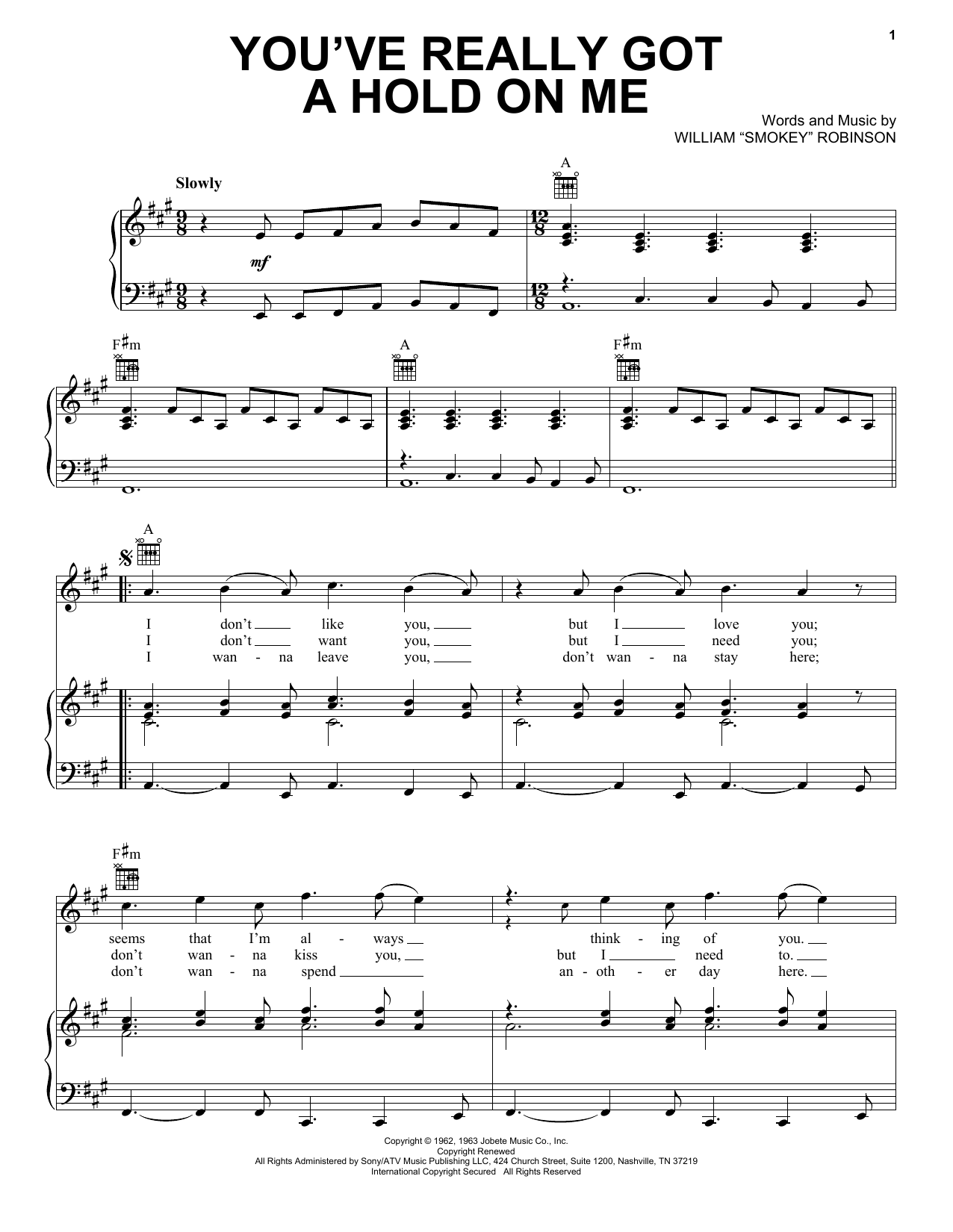 Smokey Robinson & The Miracles You've Really Got A Hold On Me sheet music notes and chords. Download Printable PDF.