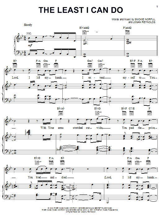 Learn to play Smokie Norful The Least I Can Do sheet music for Piano, Vocal & Guitar Chords (Right-Hand Melody) in minutes. Price: 7.8900$ Smokie Norful The Least I Can Do sheet music notes and chords arranged for Piano, Vocal & Guitar Chords (Right-Hand Melody)
