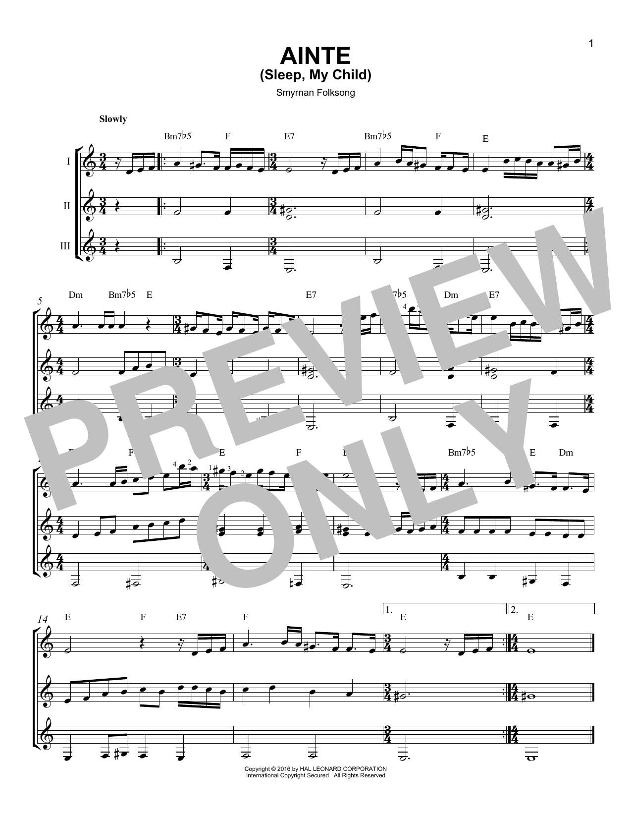 Smyrnan Folksong Ainte (Sleep, My Child) sheet music notes and chords. Download Printable PDF.